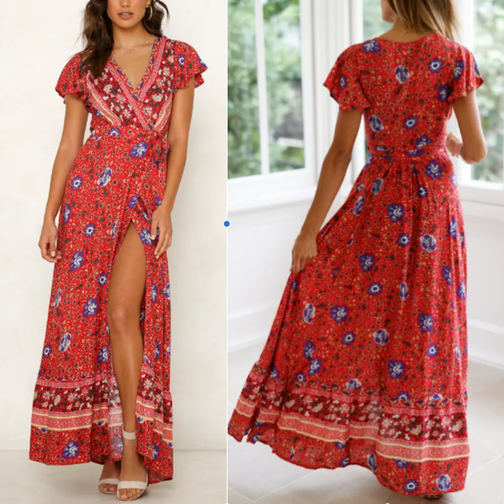 Bohemian Wrap Style V Neck Floral Maxi Dress