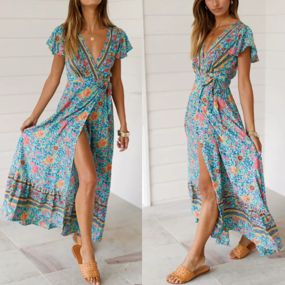 Bohemian Wrap Style V Neck Floral Maxi Dress