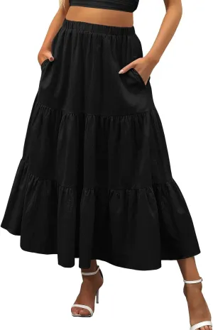 Boho Cute Skirts Ruffle Summer Dress with Pockets Swing Beach Pleated Elastic High Rise for Women 2023 Casual Robe Black