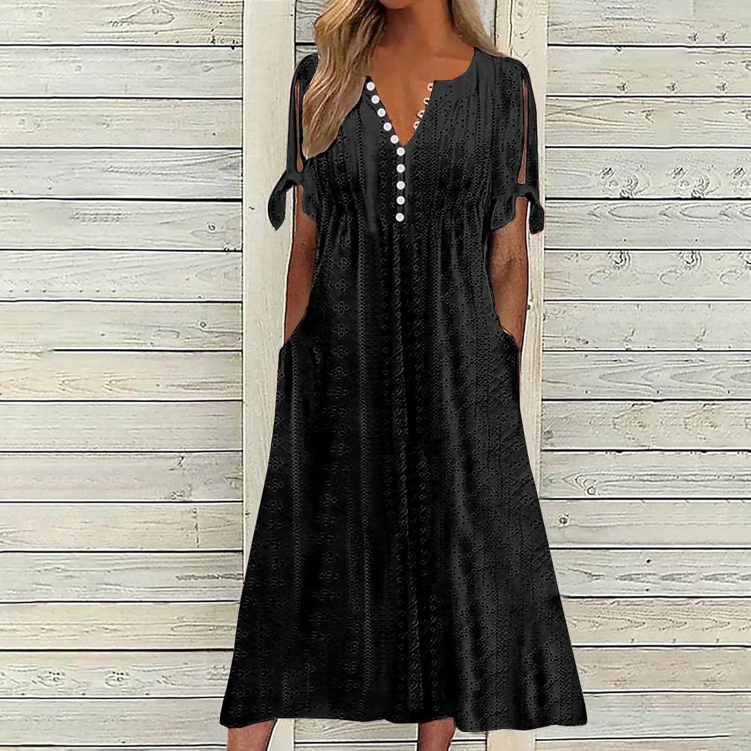 Boho Dresses for Women 2025 Casual Vacation Eyelet Embroidered Midi Dress Comfy Flowy Summer Trendy Beach Sundress