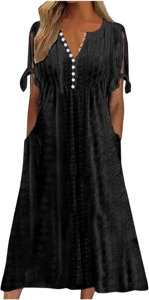 Boho Dresses for Women 2025 Casual Vacation Eyelet Embroidered Midi Dress Comfy Flowy Summer Trendy Beach Sundress