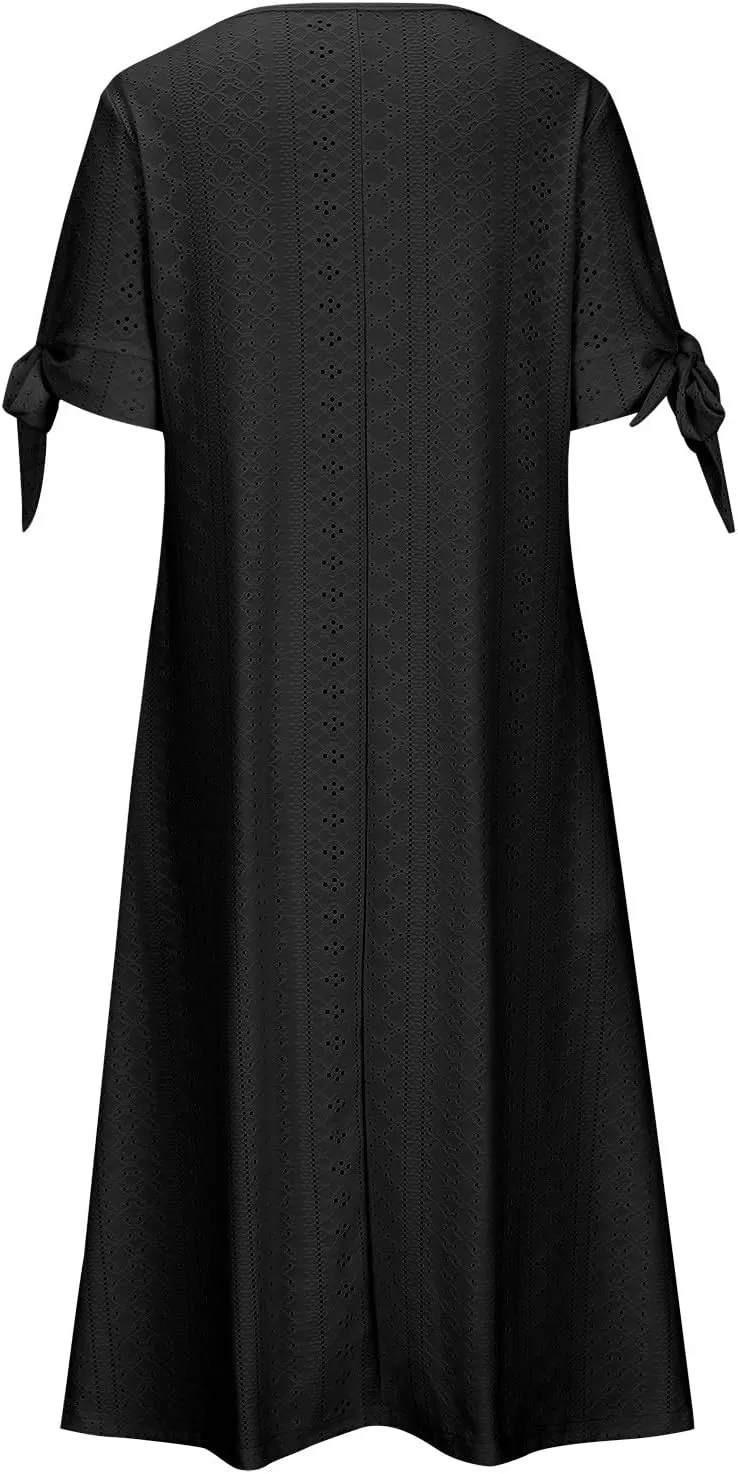 Boho Dresses for Women 2025 Casual Vacation Eyelet Embroidered Midi Dress Comfy Flowy Summer Trendy Beach Sundress