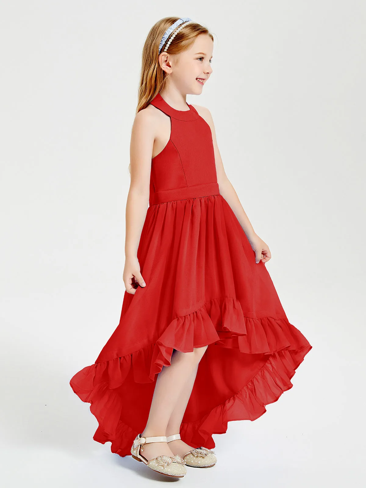 Boho Junior Bridesmaid Dresses Asymmetrical Cascading Skirt Red