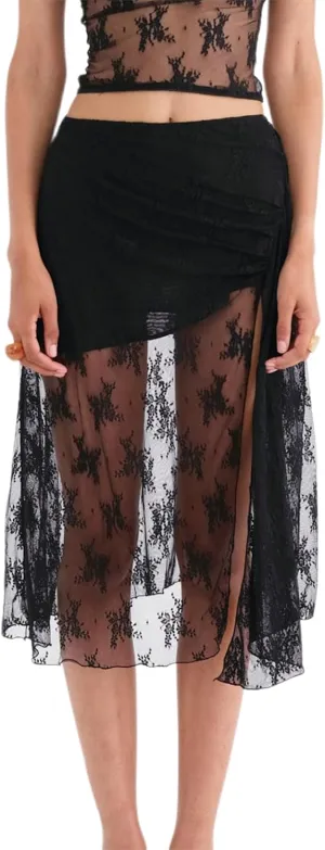 Boho Long White Skirt for Women Y2K Sheer Lace Midi Half Skirts Flowy See-Through Maxi Skirt Beach Party