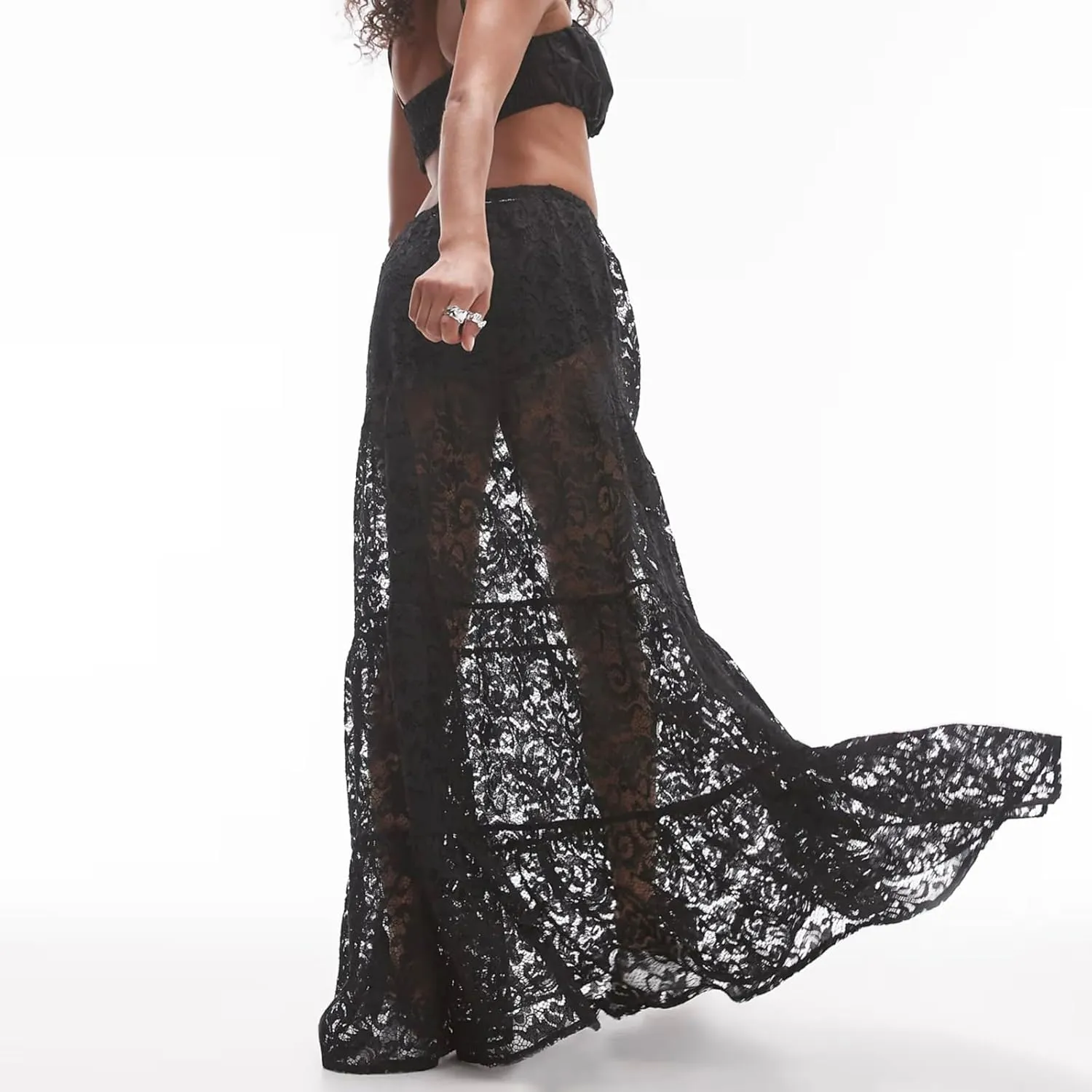 Boho Long White Skirt for Women Y2K Sheer Lace Midi Half Skirts Flowy See-Through Maxi Skirt Beach Party