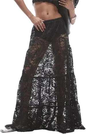 Boho Long White Skirt for Women Y2K Sheer Lace Midi Half Skirts Flowy See-Through Maxi Skirt Beach Party