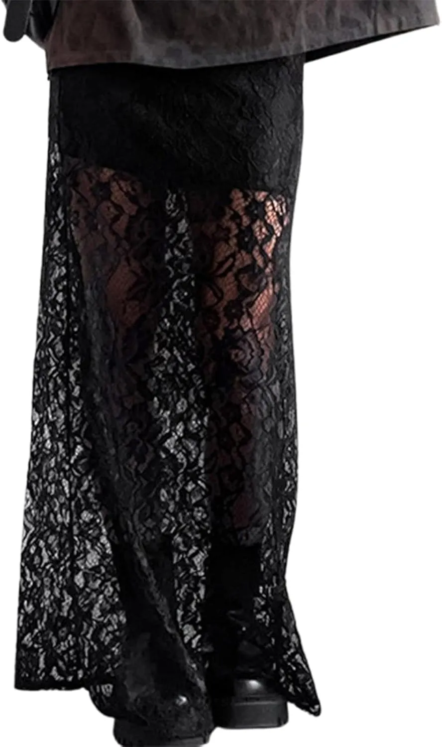 Boho Long White Skirt for Women Y2K Sheer Lace Midi Half Skirts Flowy See-Through Maxi Skirt Beach Party