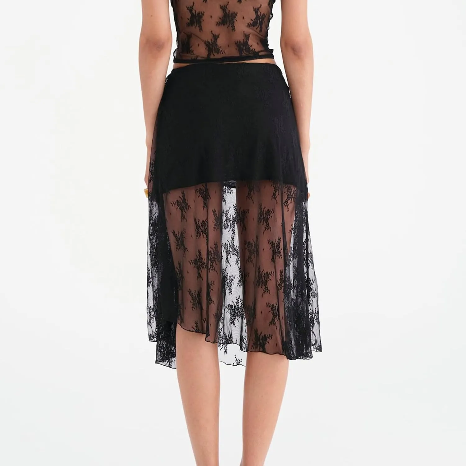 Boho Long White Skirt for Women Y2K Sheer Lace Midi Half Skirts Flowy See-Through Maxi Skirt Beach Party