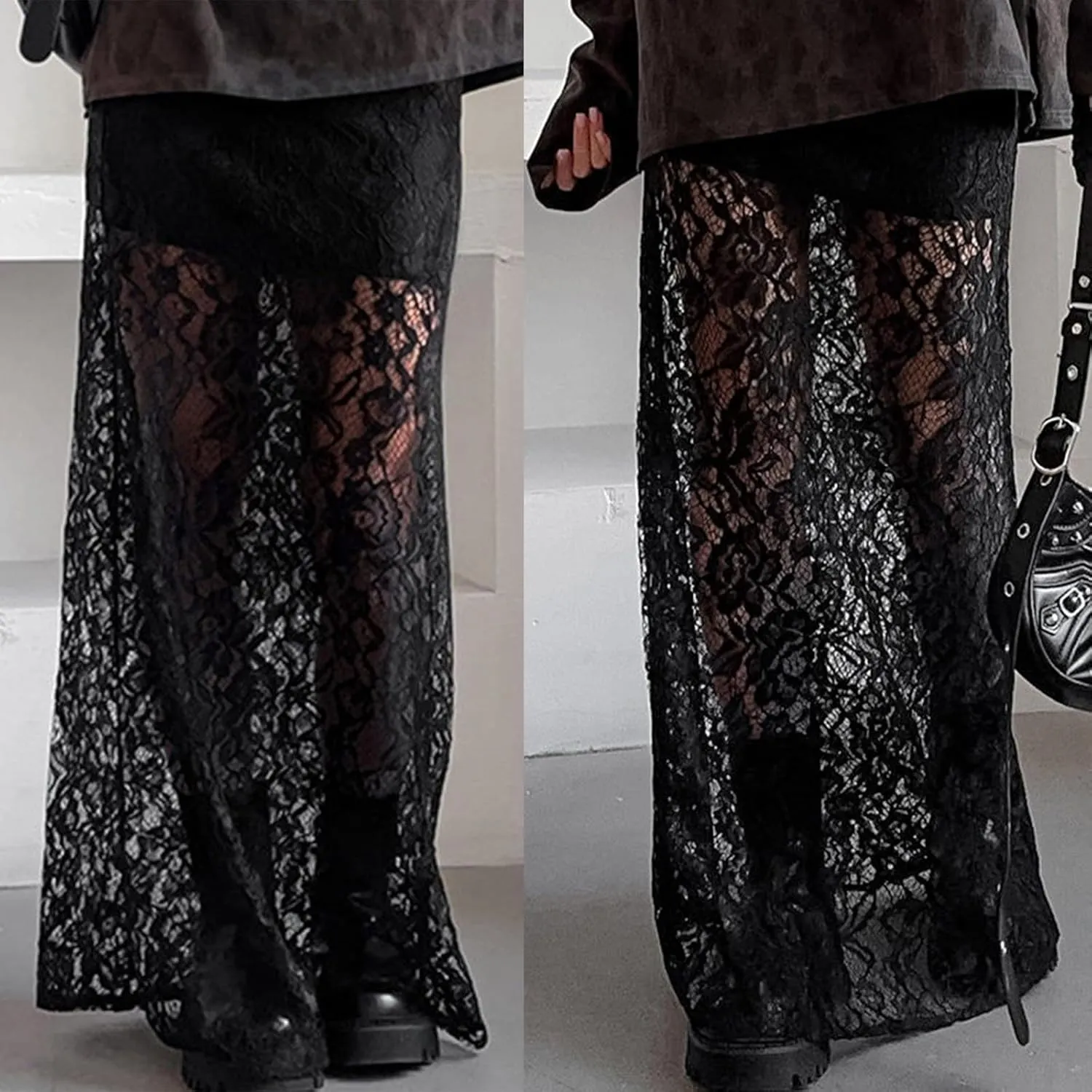 Boho Long White Skirt for Women Y2K Sheer Lace Midi Half Skirts Flowy See-Through Maxi Skirt Beach Party