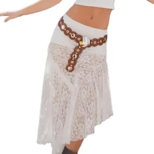 Boho Long White Skirt for Women Y2K Sheer Lace Midi Half Skirts Flowy See-Through Maxi Skirt Beach Party