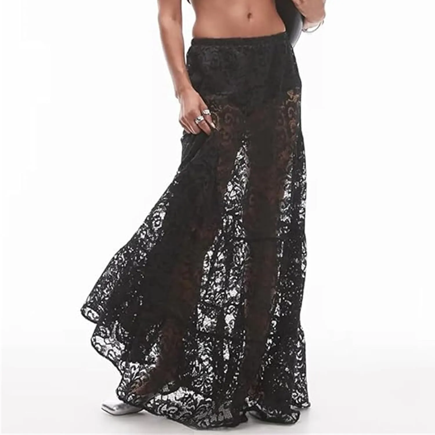 Boho Long White Skirt for Women Y2K Sheer Lace Midi Half Skirts Flowy See-Through Maxi Skirt Beach Party