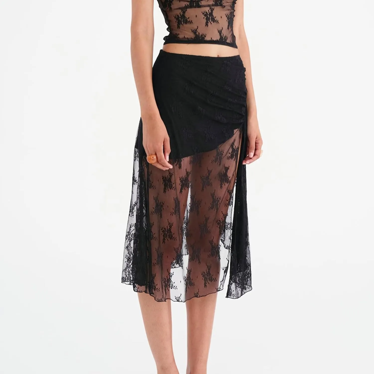 Boho Long White Skirt for Women Y2K Sheer Lace Midi Half Skirts Flowy See-Through Maxi Skirt Beach Party