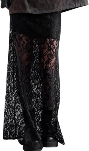 Boho Long White Skirt for Women Y2K Sheer Lace Midi Half Skirts Flowy See-Through Maxi Skirt Beach Party