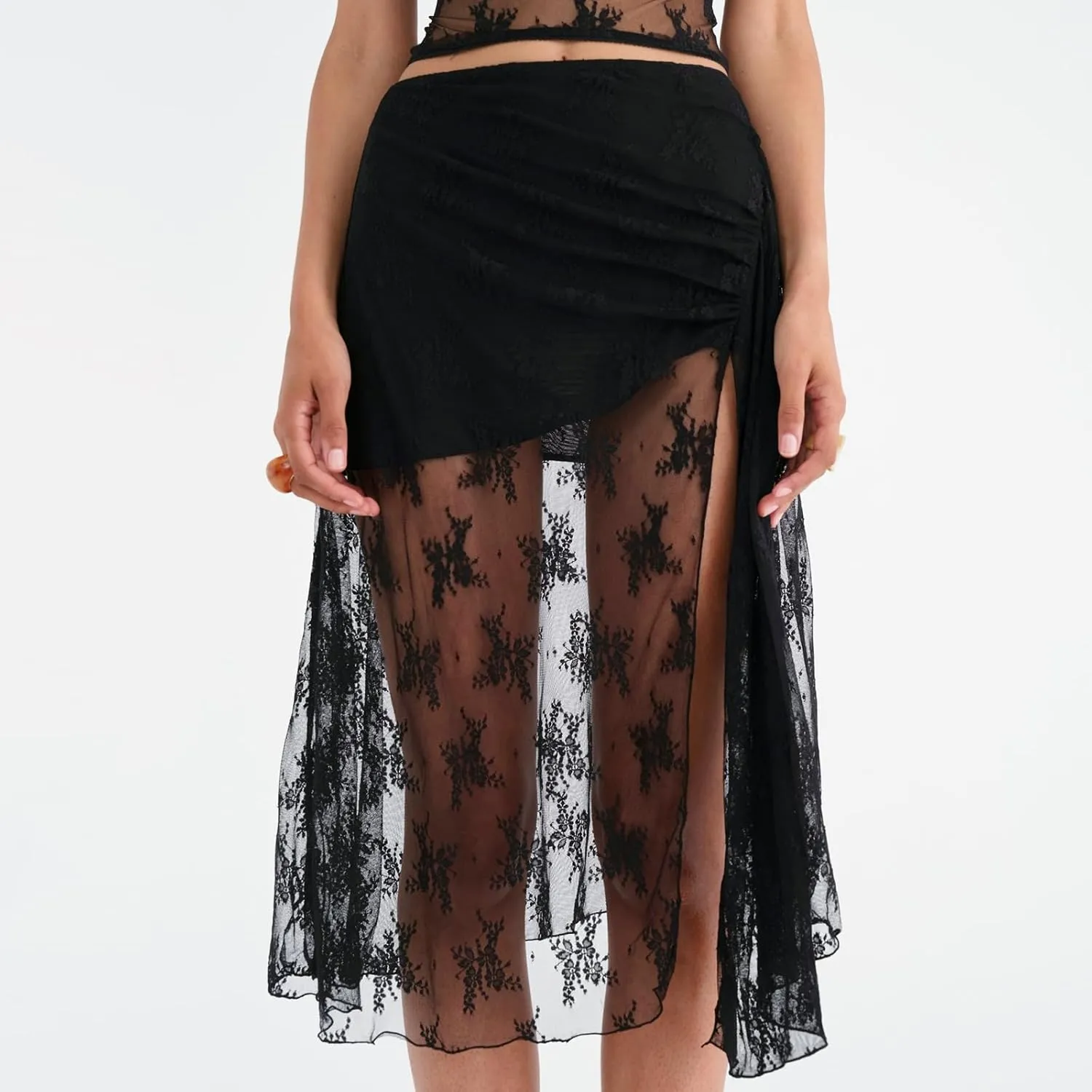 Boho Long White Skirt for Women Y2K Sheer Lace Midi Half Skirts Flowy See-Through Maxi Skirt Beach Party