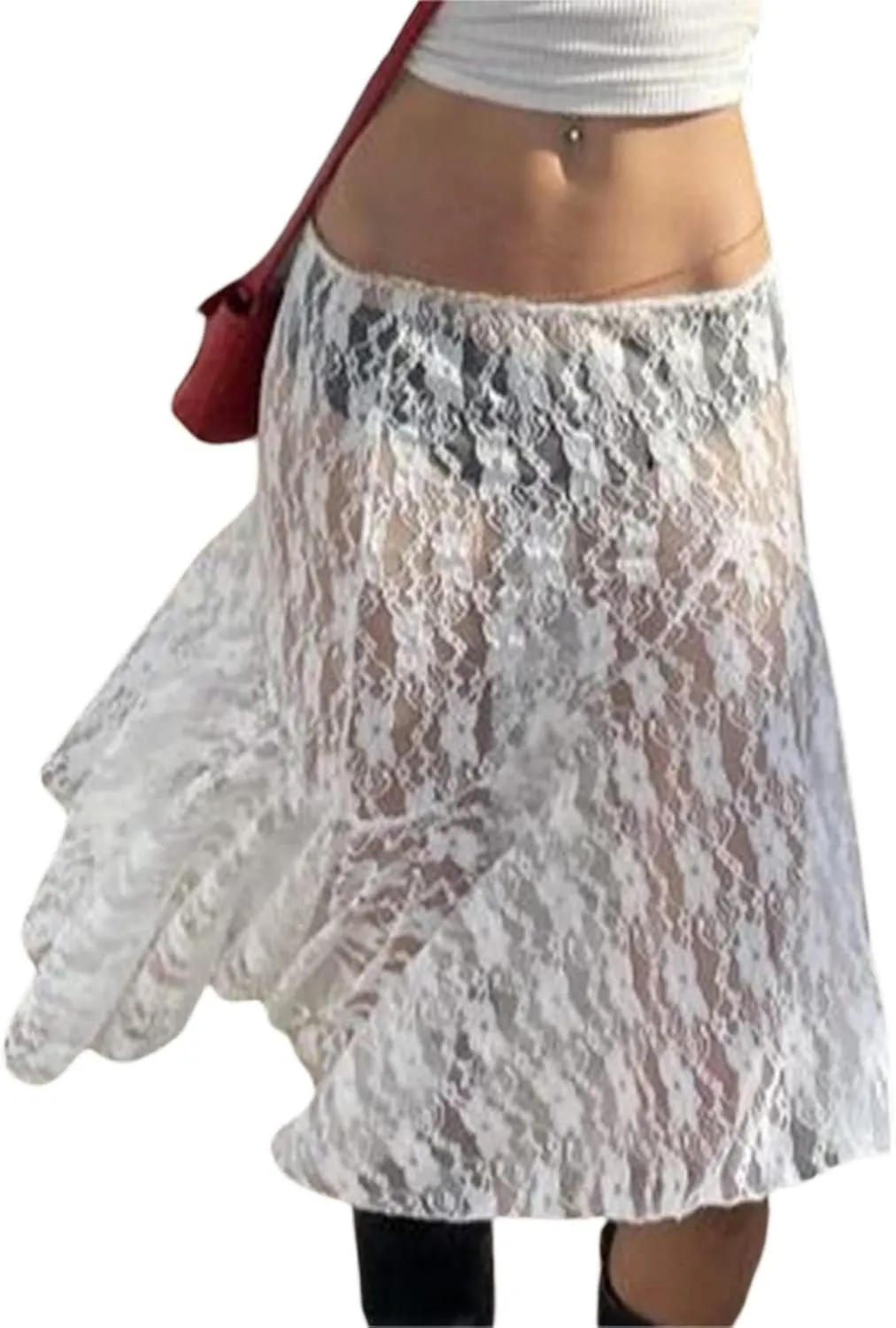 Boho Long White Skirt for Women Y2K Sheer Lace Midi Half Skirts Flowy See-Through Maxi Skirt Beach Party
