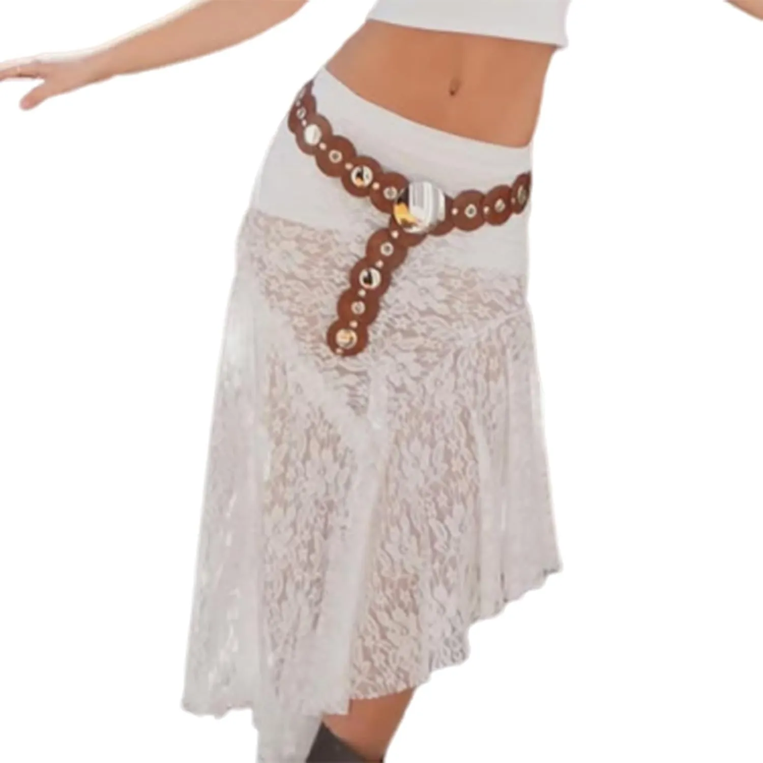 Boho Long White Skirt for Women Y2K Sheer Lace Midi Half Skirts Flowy See-Through Maxi Skirt Beach Party
