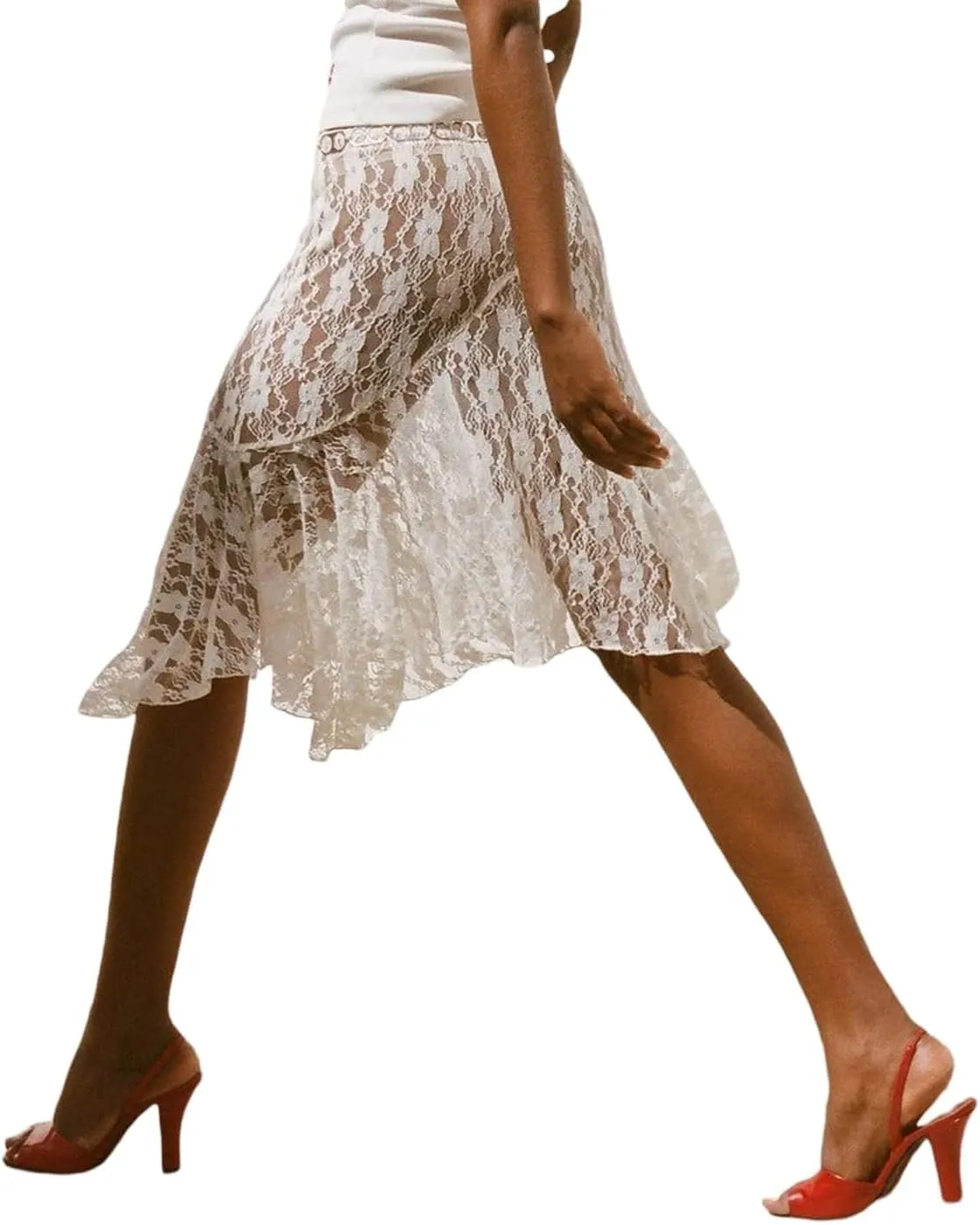 Boho Long White Skirt for Women Y2K Sheer Lace Midi Half Skirts Flowy See-Through Maxi Skirt Beach Party