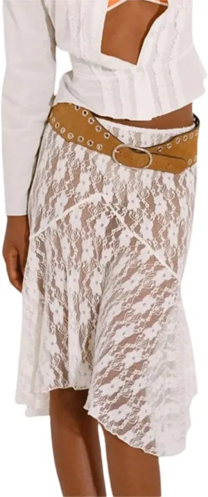 Boho Long White Skirt for Women Y2K Sheer Lace Midi Half Skirts Flowy See-Through Maxi Skirt Beach Party