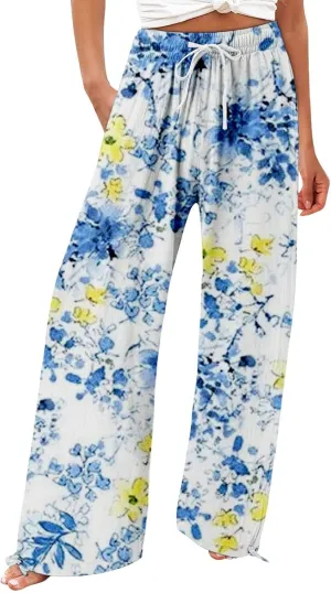 Boho Printed Elastic High Waist Palazzo Pants Womens Cotton Casual Loose Pants Comfy Work Comfy Trousers with