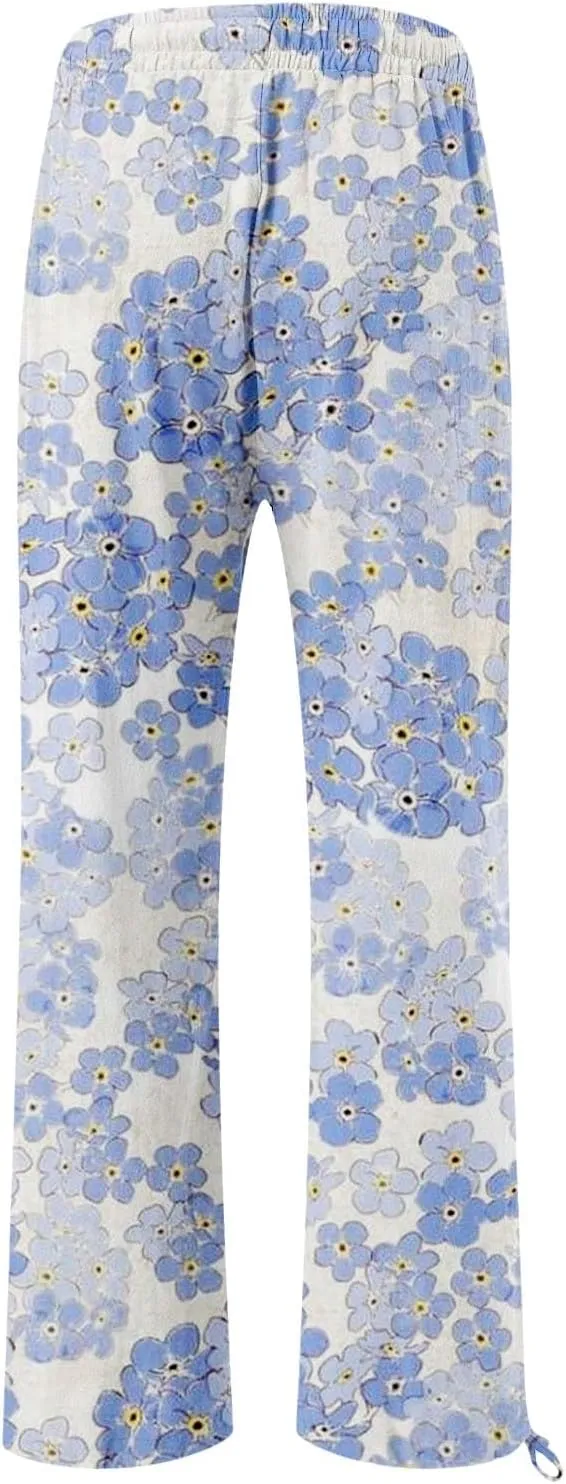 Boho Printed Elastic High Waist Palazzo Pants Womens Cotton Casual Loose Pants Comfy Work Comfy Trousers with