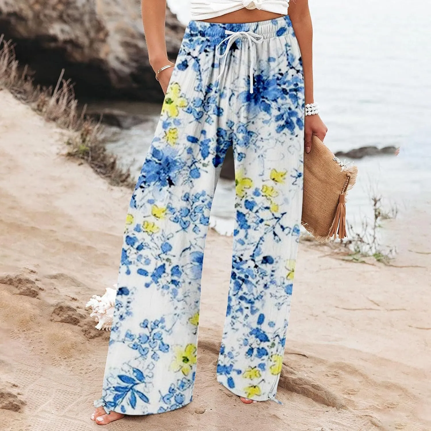 Boho Printed Elastic High Waist Palazzo Pants Womens Cotton Casual Loose Pants Comfy Work Comfy Trousers with