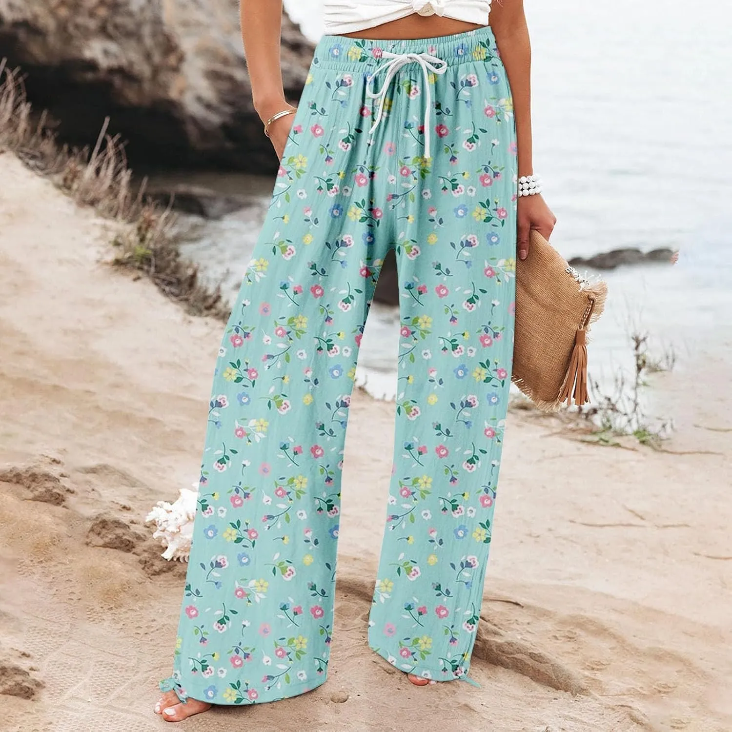 Boho Printed Elastic High Waist Palazzo Pants Womens Cotton Casual Loose Pants Comfy Work Comfy Trousers with