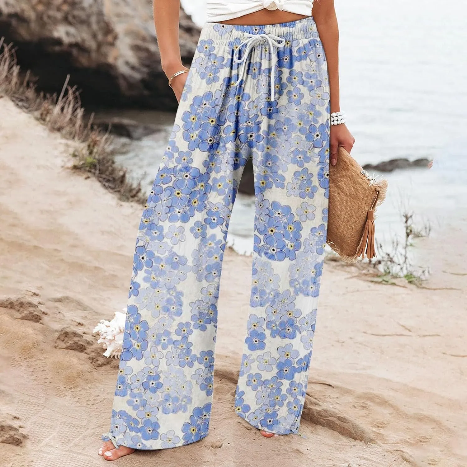 Boho Printed Elastic High Waist Palazzo Pants Womens Cotton Casual Loose Pants Comfy Work Comfy Trousers with