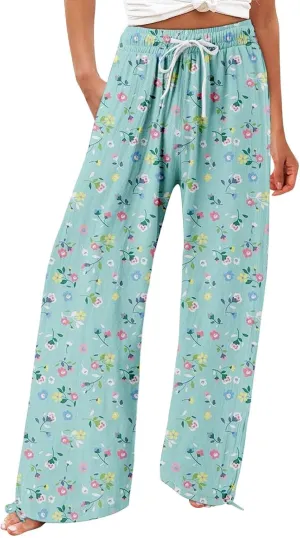 Boho Printed Elastic High Waist Palazzo Pants Womens Cotton Casual Loose Pants Comfy Work Comfy Trousers with