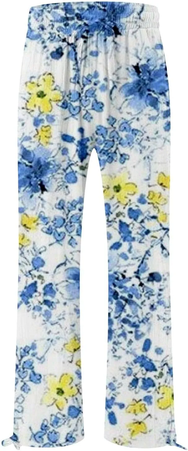 Boho Printed Elastic High Waist Palazzo Pants Womens Cotton Casual Loose Pants Comfy Work Comfy Trousers with