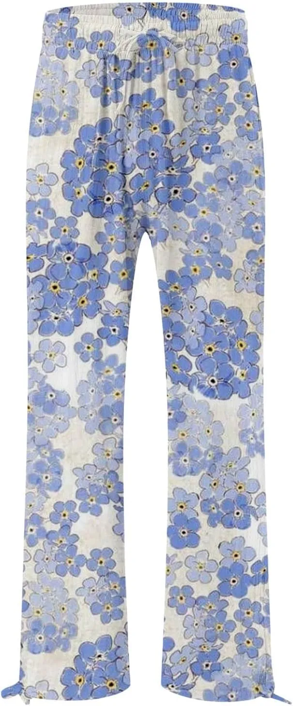 Boho Printed Elastic High Waist Palazzo Pants Womens Cotton Casual Loose Pants Comfy Work Comfy Trousers with