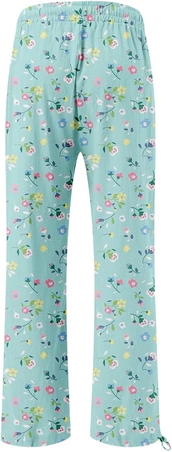 Boho Printed Elastic High Waist Palazzo Pants Womens Cotton Casual Loose Pants Comfy Work Comfy Trousers with
