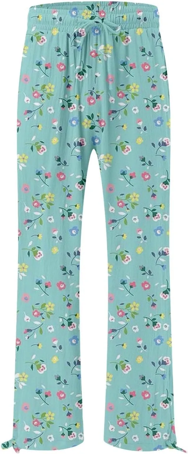 Boho Printed Elastic High Waist Palazzo Pants Womens Cotton Casual Loose Pants Comfy Work Comfy Trousers with