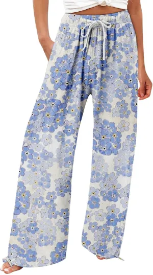 Boho Printed Elastic High Waist Palazzo Pants Womens Cotton Casual Loose Pants Comfy Work Comfy Trousers with