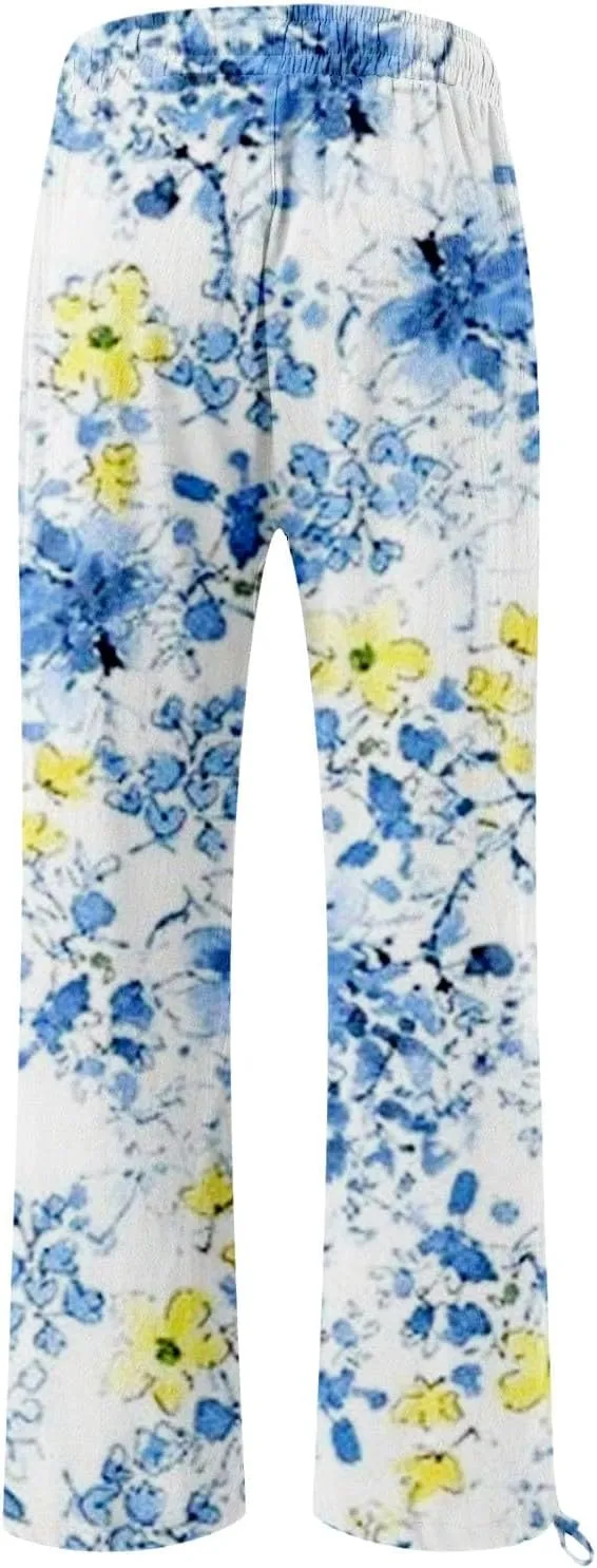 Boho Printed Elastic High Waist Palazzo Pants Womens Cotton Casual Loose Pants Comfy Work Comfy Trousers with