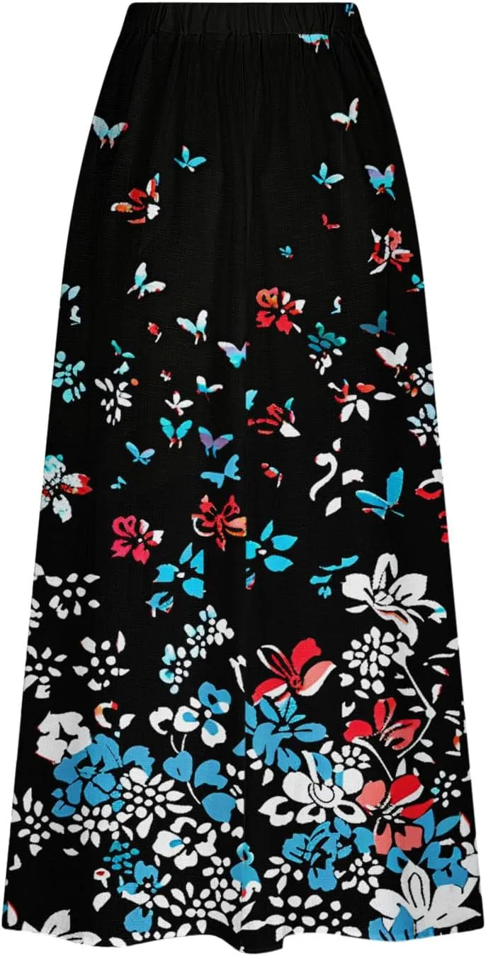 Boho Skirt for Women Floral Butterfly Graphic Skirts High Waisted Plus Size Baggy Skirts Pleated Skirt Outfits