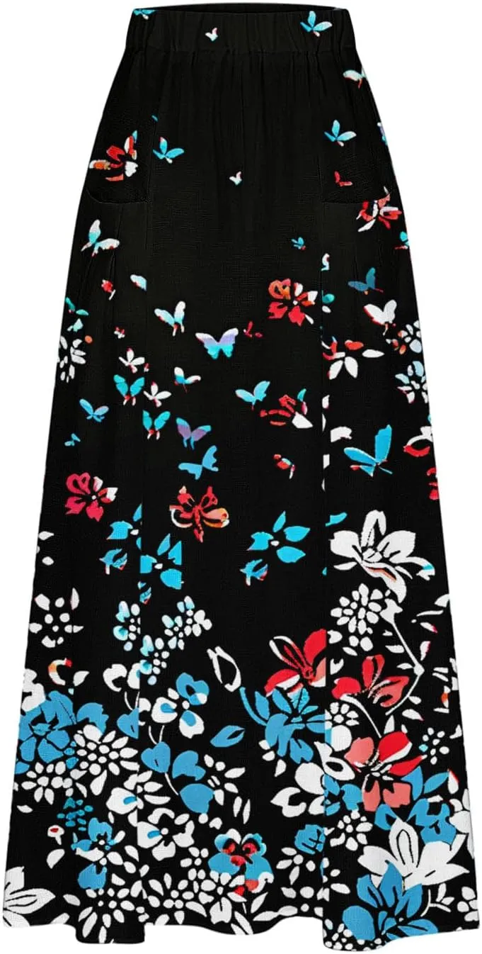 Boho Skirt for Women Floral Butterfly Graphic Skirts High Waisted Plus Size Baggy Skirts Pleated Skirt Outfits