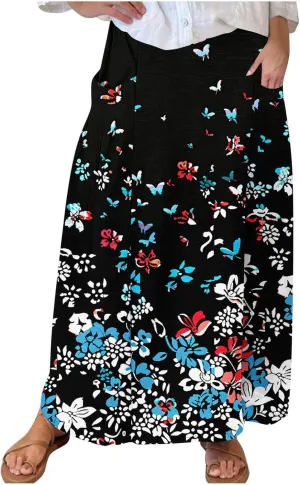 Boho Skirt for Women Floral Butterfly Graphic Skirts High Waisted Plus Size Baggy Skirts Pleated Skirt Outfits