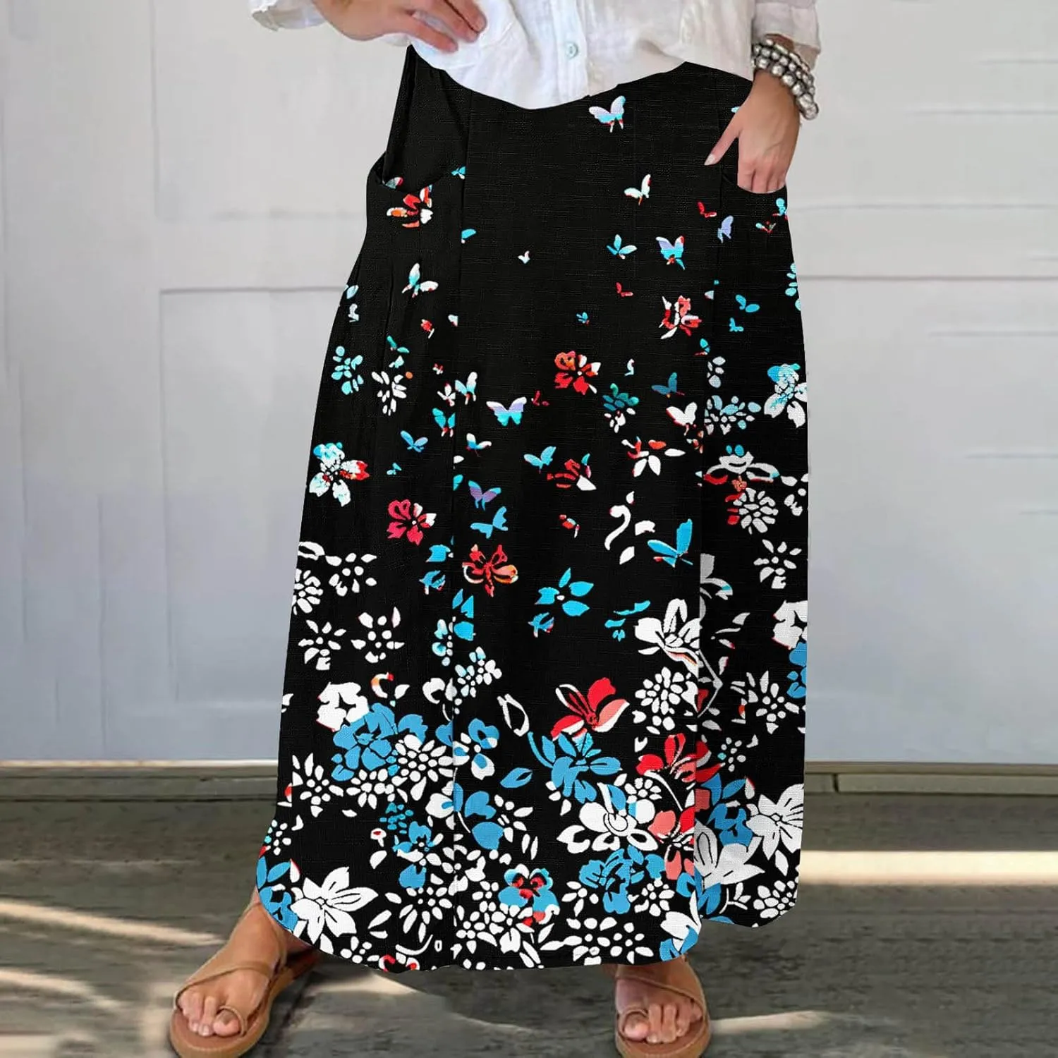 Boho Skirt for Women Floral Butterfly Graphic Skirts High Waisted Plus Size Baggy Skirts Pleated Skirt Outfits