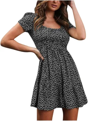 Boho Sundress Womens Floral Dresses 2024 Short Sleeve Corset Milkmaid Summer Ruffle Tiered Puff Casual Swing Mini