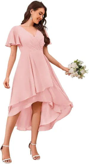 BONOYUER High Low Chiffon Bridesmaid Dresses with Sleeves A Line Tea Length Formal Evening Dress for Wedding