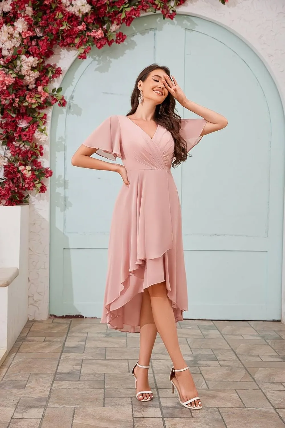 BONOYUER High Low Chiffon Bridesmaid Dresses with Sleeves A Line Tea Length Formal Evening Dress for Wedding