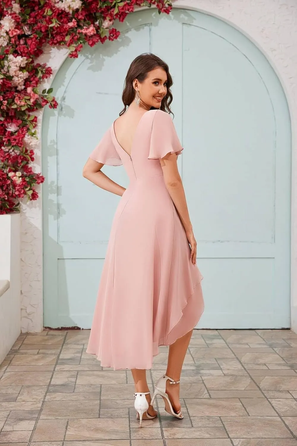 BONOYUER High Low Chiffon Bridesmaid Dresses with Sleeves A Line Tea Length Formal Evening Dress for Wedding