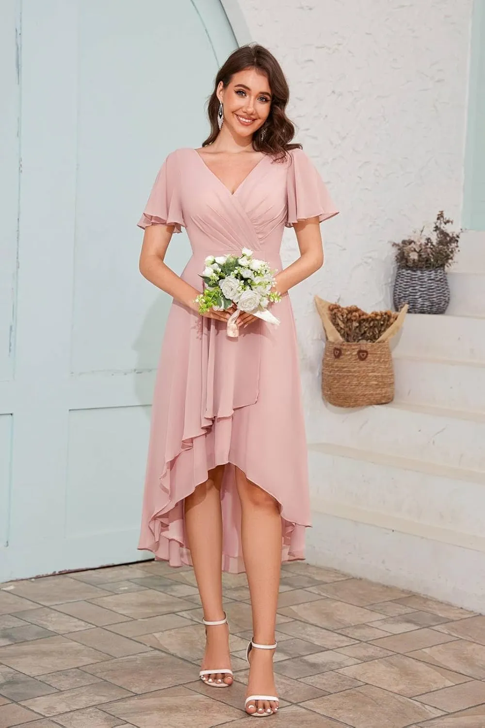 BONOYUER High Low Chiffon Bridesmaid Dresses with Sleeves A Line Tea Length Formal Evening Dress for Wedding