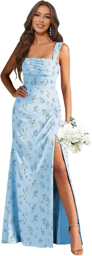 Bridesmaid Dresses for Women Mermaid Long Square Neck Pleated Chiffon Formal Dress Prom Gown with Slit