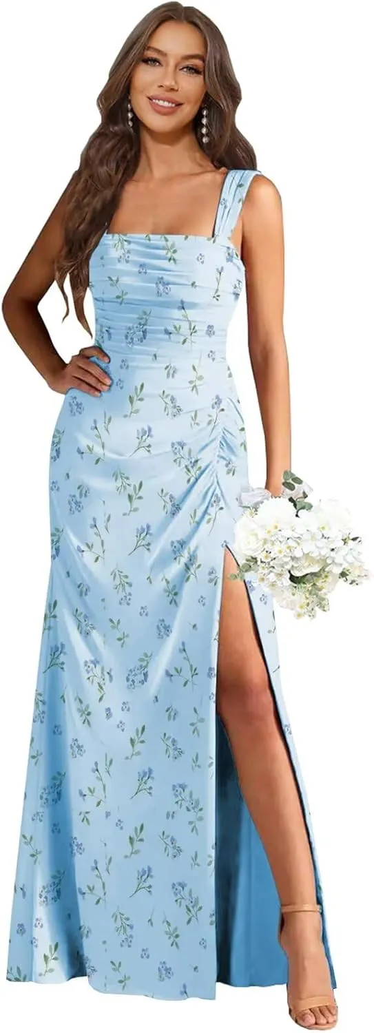 Bridesmaid Dresses for Women Mermaid Long Square Neck Pleated Chiffon Formal Dress Prom Gown with Slit