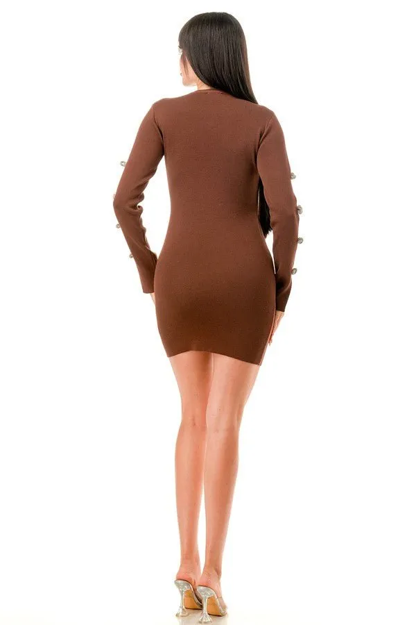 Brown Rhinestone Long Sleeve Knit Dress