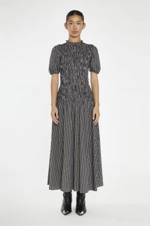 Brown-White Stripe Shirred Bodice Maxi-Dress