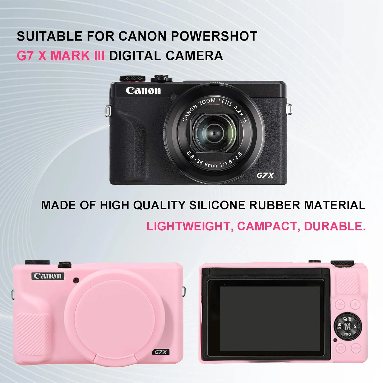 Camera Case for Canon Powershot G7 X Mark III Digital Camera, Soft Silicone Protective Bag Removable Lens Cover, Silicone Cover Rubber Soft Camera Case, Pink