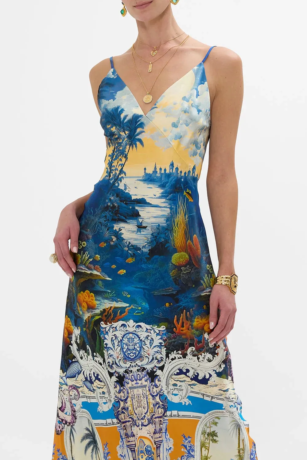 CAMILLA | SONG OF SAINT ANTHONY V NECK FULL LENGTH BIAS SLIP DRESS
