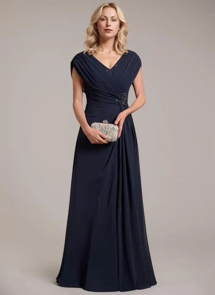 Cap Sleeve Mother of The Bride Dresses for Wedding Ruched Chiffon Long Formal Evening Dress